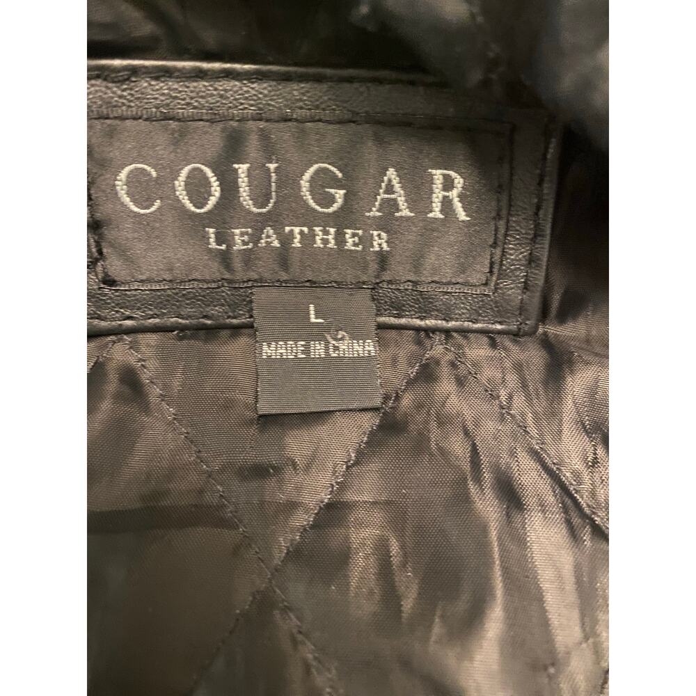Cougar Leather Black Bomber Jacket Men’s L Zip Front Snap Pockets Elastic Hem - Picture 8 of 11